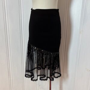 🖤 VALENTINE Black Stretch Skirt with Tulle & Sequin Fringe Hem